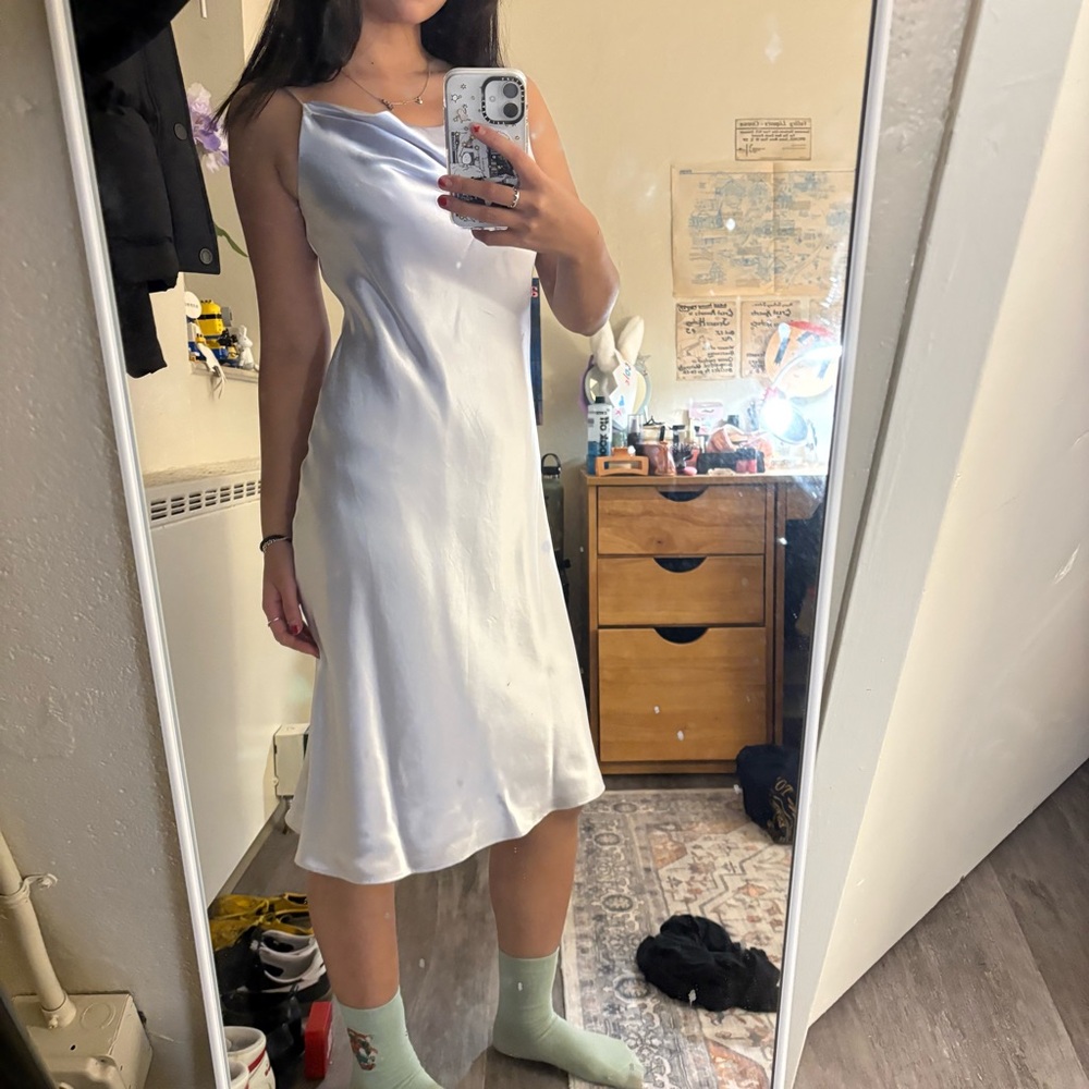 Elegant Silver Blue Satin Slip Dress